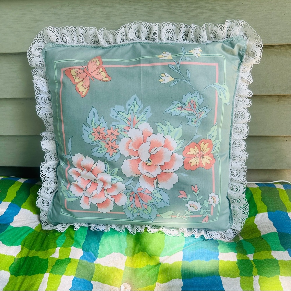 Vintage Floral Pastel Accent Pillow with Lace Trim